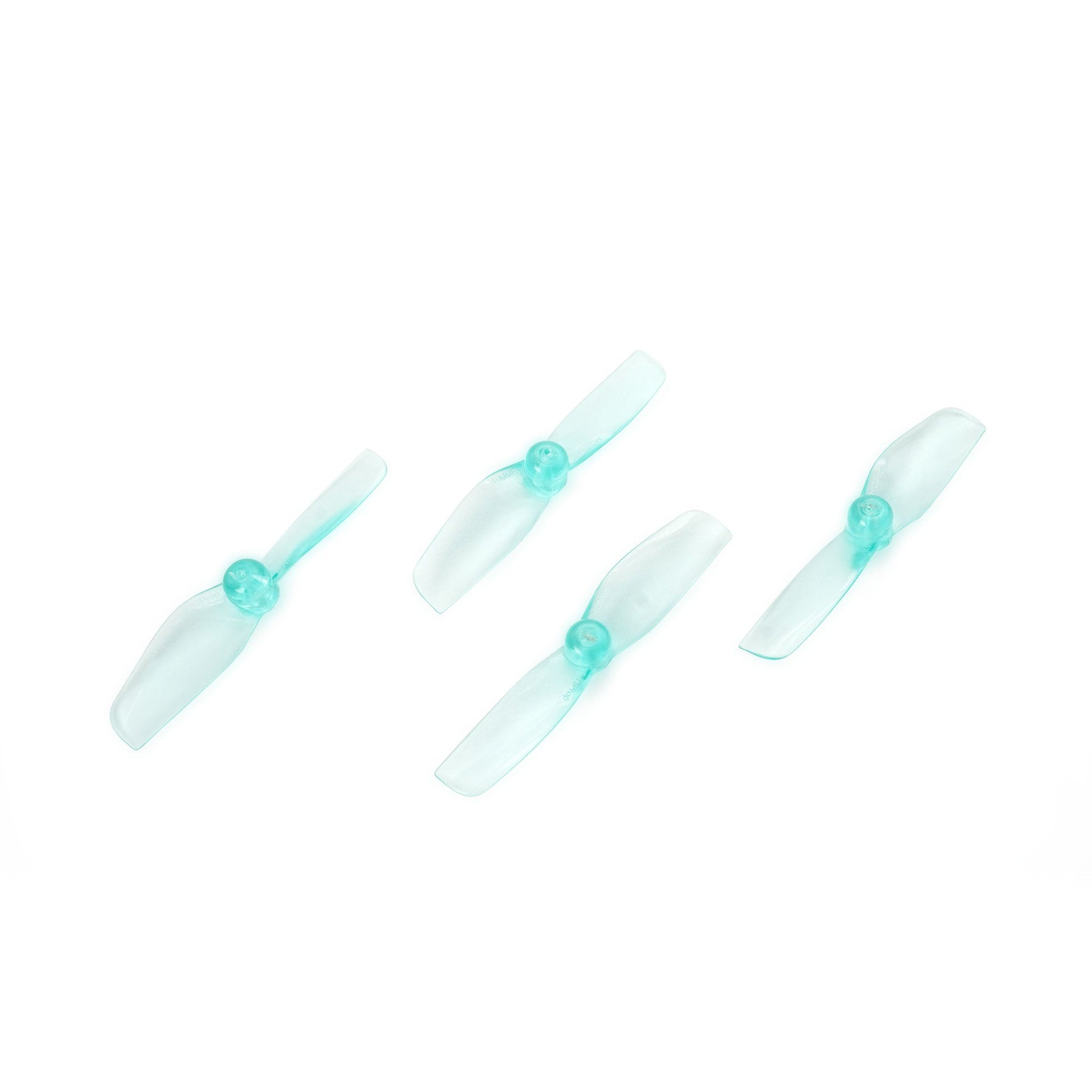 HQ 40mm-2 Micro Whoop Propeller set, four translucent aqua 2-blade props on white background