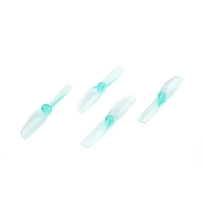 HQ 40mm-2 Micro Whoop Propeller set, four translucent aqua 2-blade props on white background