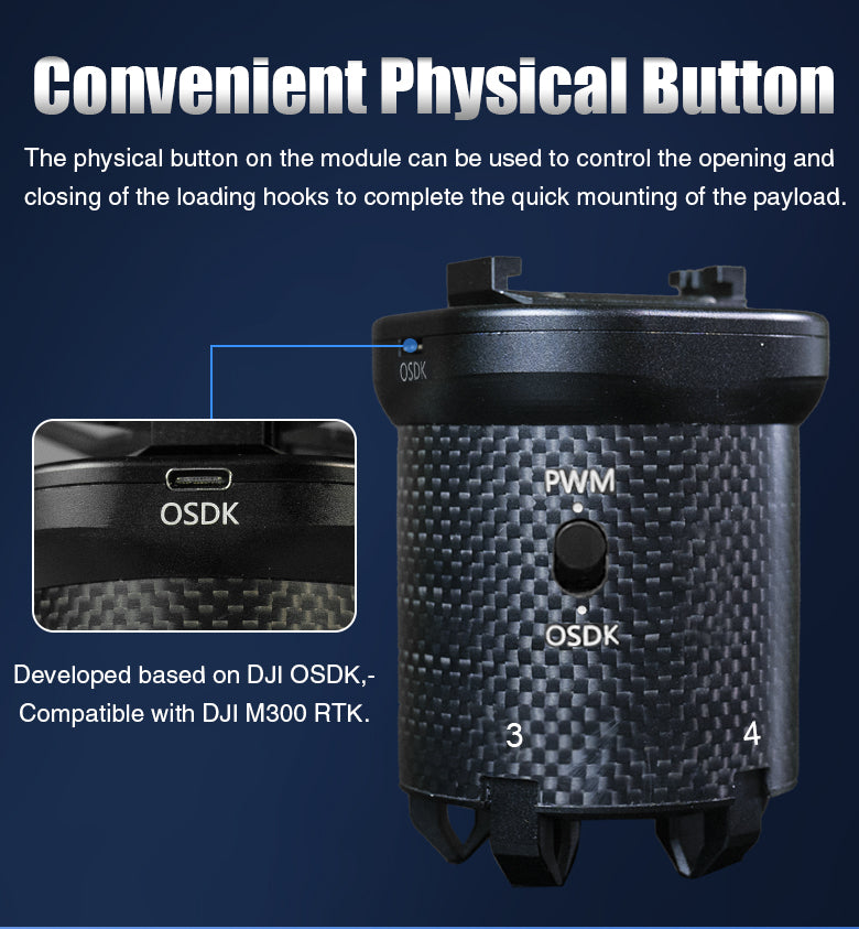 RDD-5 25KG Payload Release and Drop Device 5 RDD-5 25KG Payload Release and Drop, Convenient physical button controls payload release, simplifying hook opening/closing for efficient mounting.