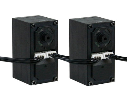 Rear view of serial bus smart servos showing daisy-chain cable connectors and wiring