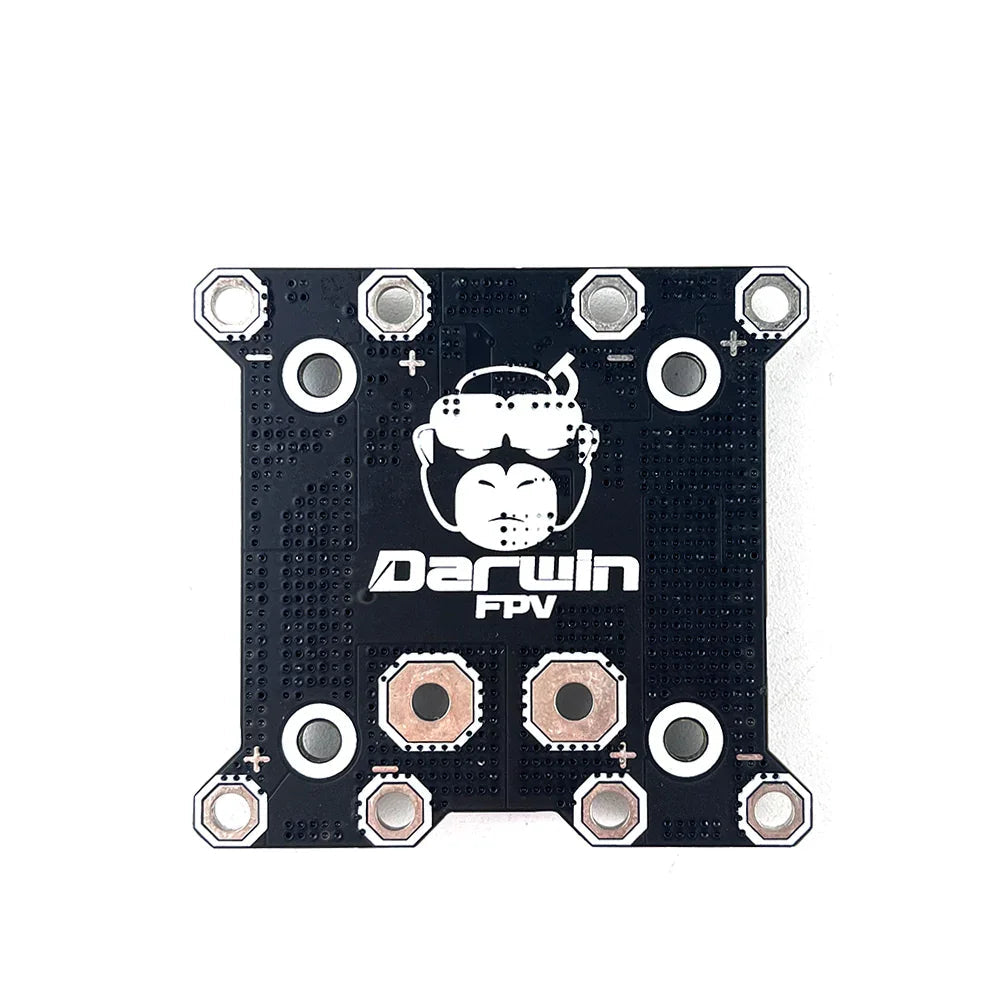 DarwinFPV PDB rear view with Darwin FPV logo and two large solder pads, 30x30mm mounting holes