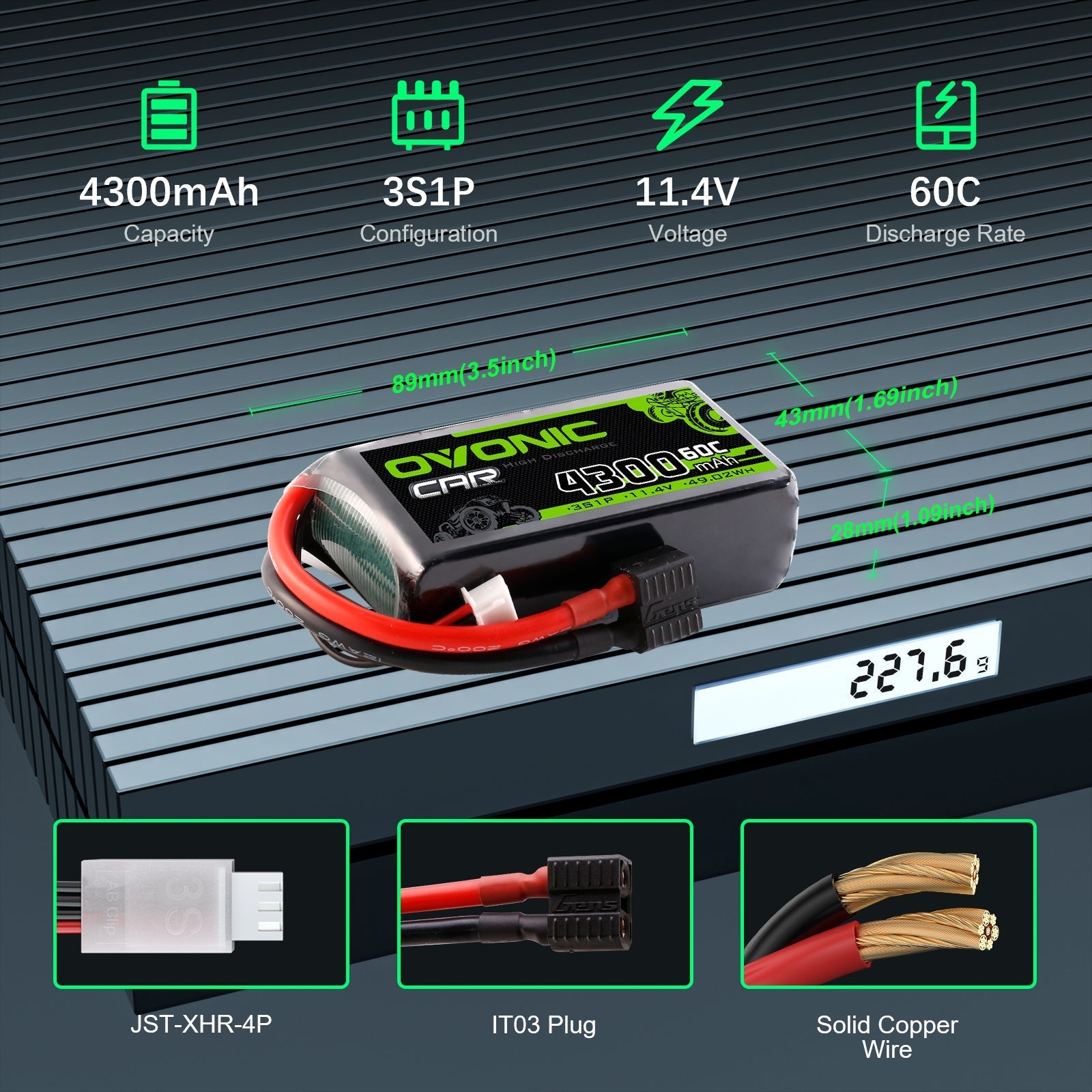 Ovonic 3S 4300mAh 60C 11.4V battery infographic showing dimensions, weight, IT03 and JST-XHR-4P leads