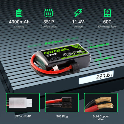 Ovonic 3S 4300mAh 60C 11.4V battery infographic showing dimensions, weight, IT03 and JST-XHR-4P leads