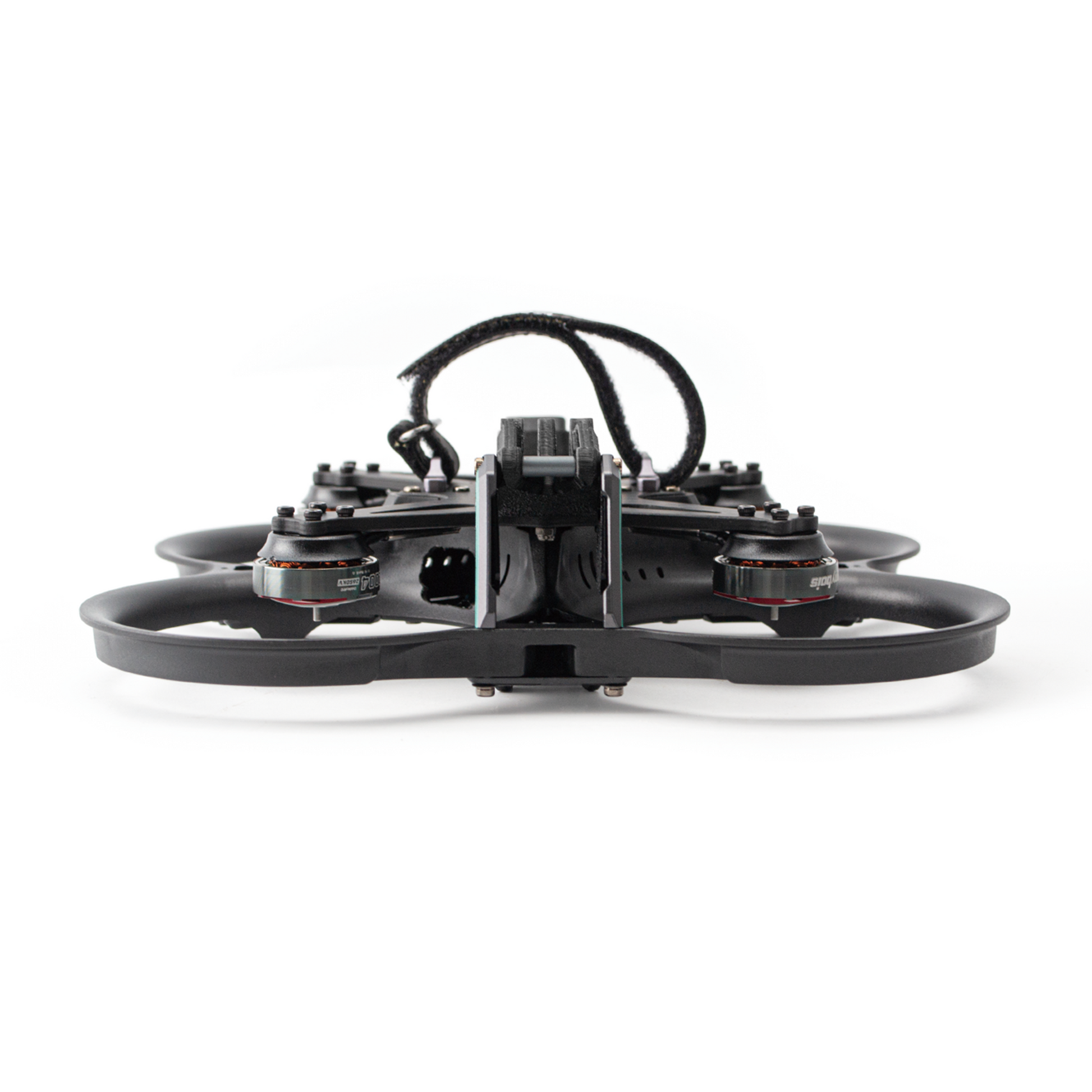 Front view of ducted FPV quad showing low-profile frame and front camera mount bracket