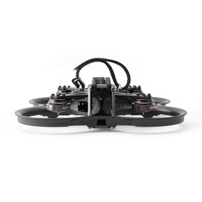 Front view of ducted FPV quad showing low-profile frame and front camera mount bracket
