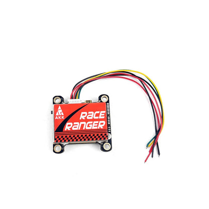 AKK Race Ranger VTX front label view with mounting holes and color-coded wire leads