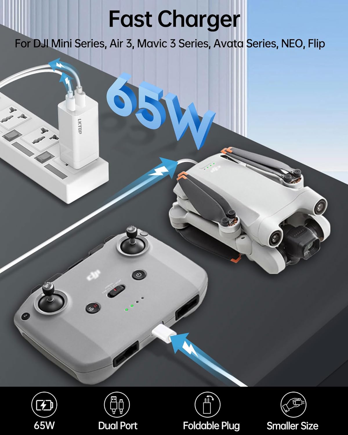 LKTOP 65W Portable Battery Charger, 65W fast charger for DJI drones: dual-port, foldable plug, compact design.