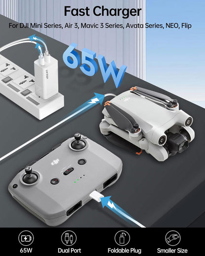 LKTOP 65W Portable Battery Charger, 65W fast charger for DJI drones: dual-port, foldable plug, compact design.