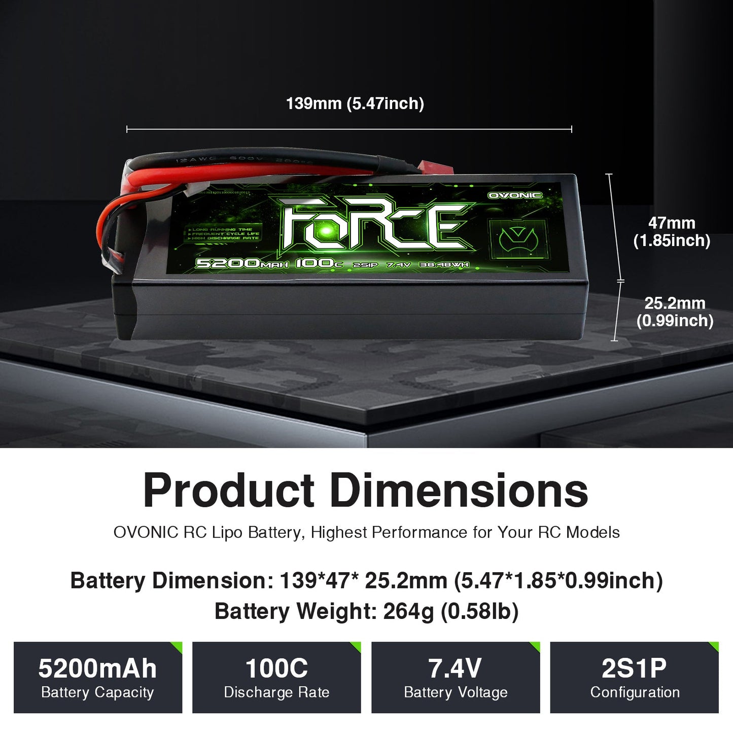 OVONIC Force 2S 5200mAh 100C 7.4V hardcase LiPo battery dimensions and weight chart