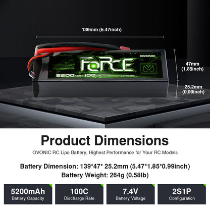 OVONIC Force 2S 5200mAh 100C 7.4V hardcase LiPo battery dimensions and weight chart