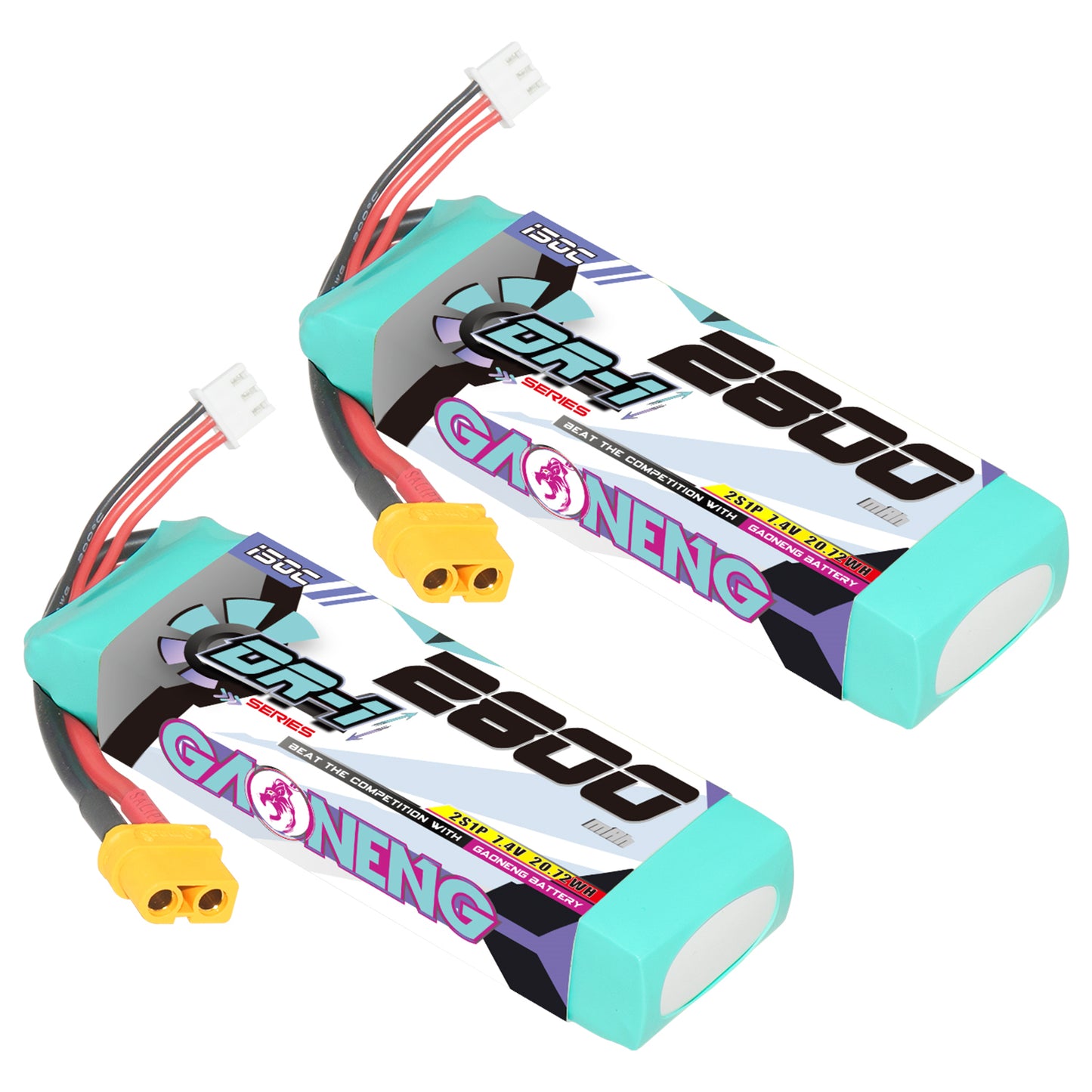 Two GAONENG GNB DR-1 2S 2800mAh LiPo batteries with yellow XT60 connector and balance lead