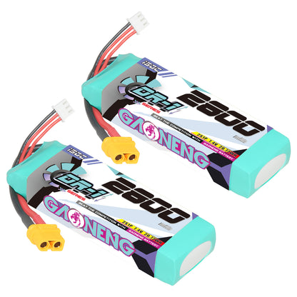 Two GAONENG GNB DR-1 2S 2800mAh LiPo batteries with yellow XT60 connector and balance lead