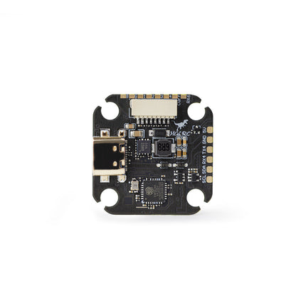 Bottom side view of flight controller showing USB port, connector socket, and solder pad labels