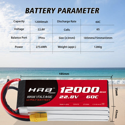 Battery parameter chart for HRB 6S 22.8V 12000mAh 60C LiPo with size and weight diagram
