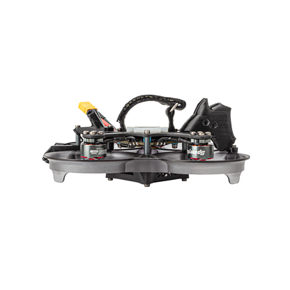 Low side profile of XI20 Pro cinewhoop showing duct height, carbon frame stack, and motor layout