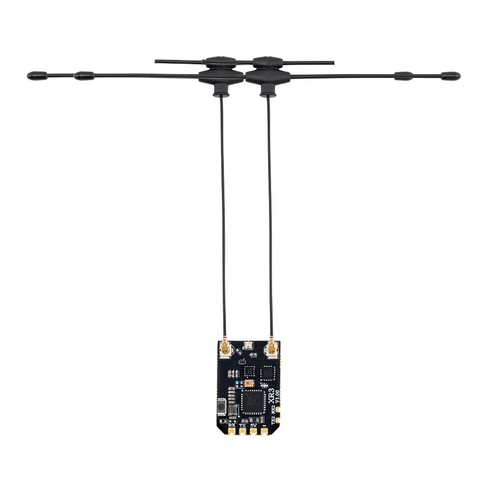 RadioMaster XR3 Nano ExpressLRS diversity receiver with dual antennas on white background