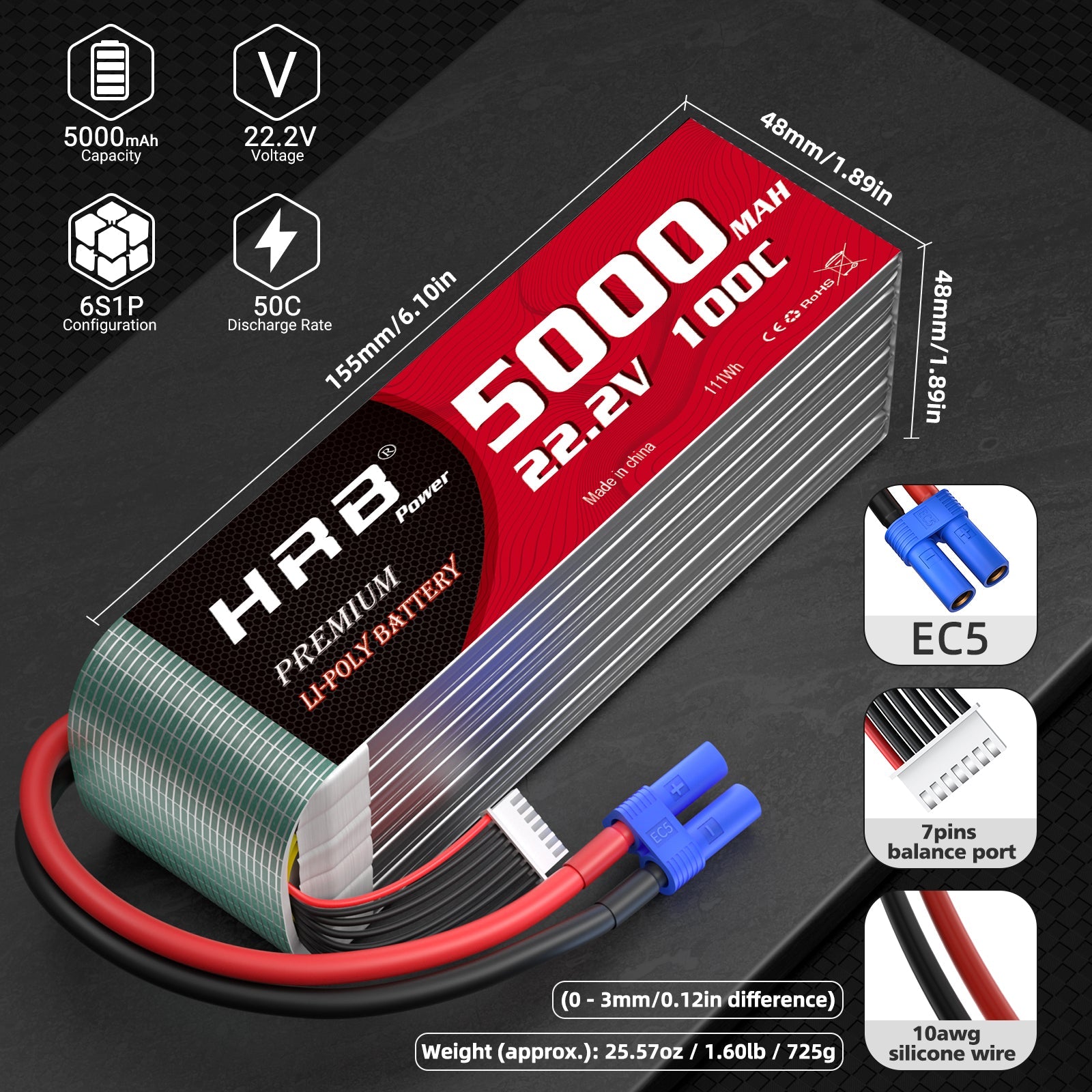 HRB 5000mAh 22.2V 6S1P LiPo size chart with EC5 plug, 7-pin balance port and wire details