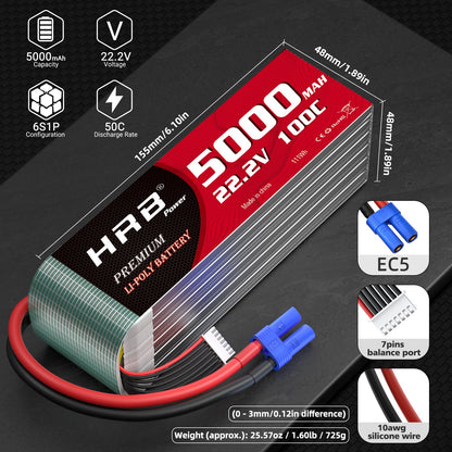 HRB 5000mAh 22.2V 6S1P LiPo size chart with EC5 plug, 7-pin balance port and wire details