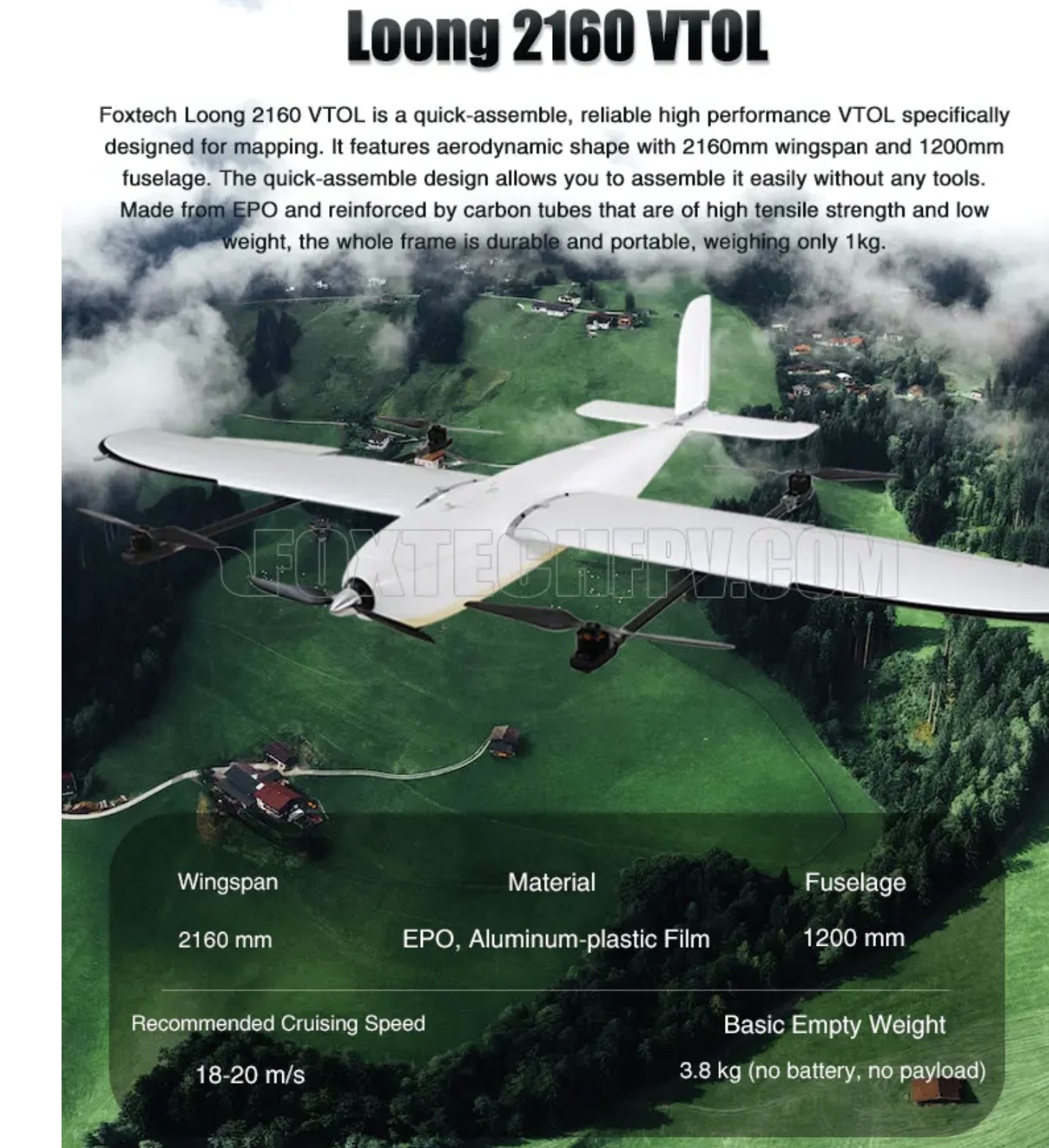 Foxtech Loong 2160 VTOL Airplane Drone: High-performance, quick-assemble mapping drone with durable EPO frame.