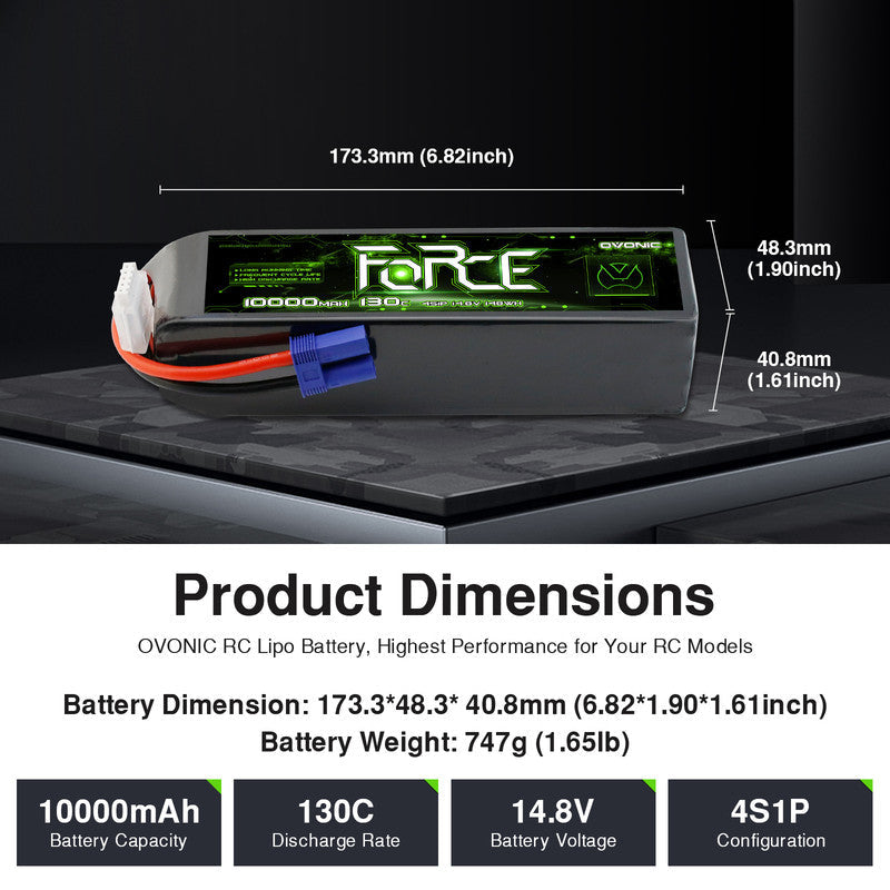 Ovonic Force 4S 10000mAh 14.8V 130C LiPo battery dimensions 173.3×48.3×40.8mm, 747g