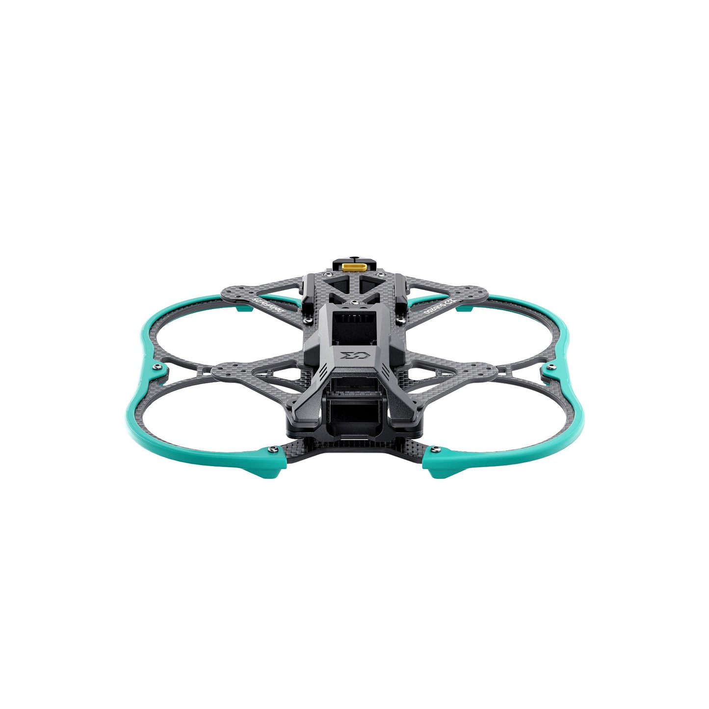 Front view of assembled DollyFly25 O3 ducted frame, 120mm wheelbase layout with camera mount section