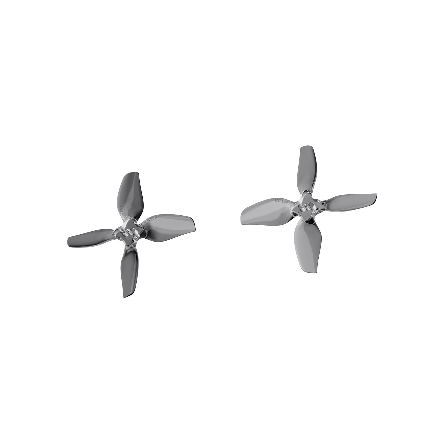 Two gray 4-blade drone propellers, angled view showing hub and blade profile