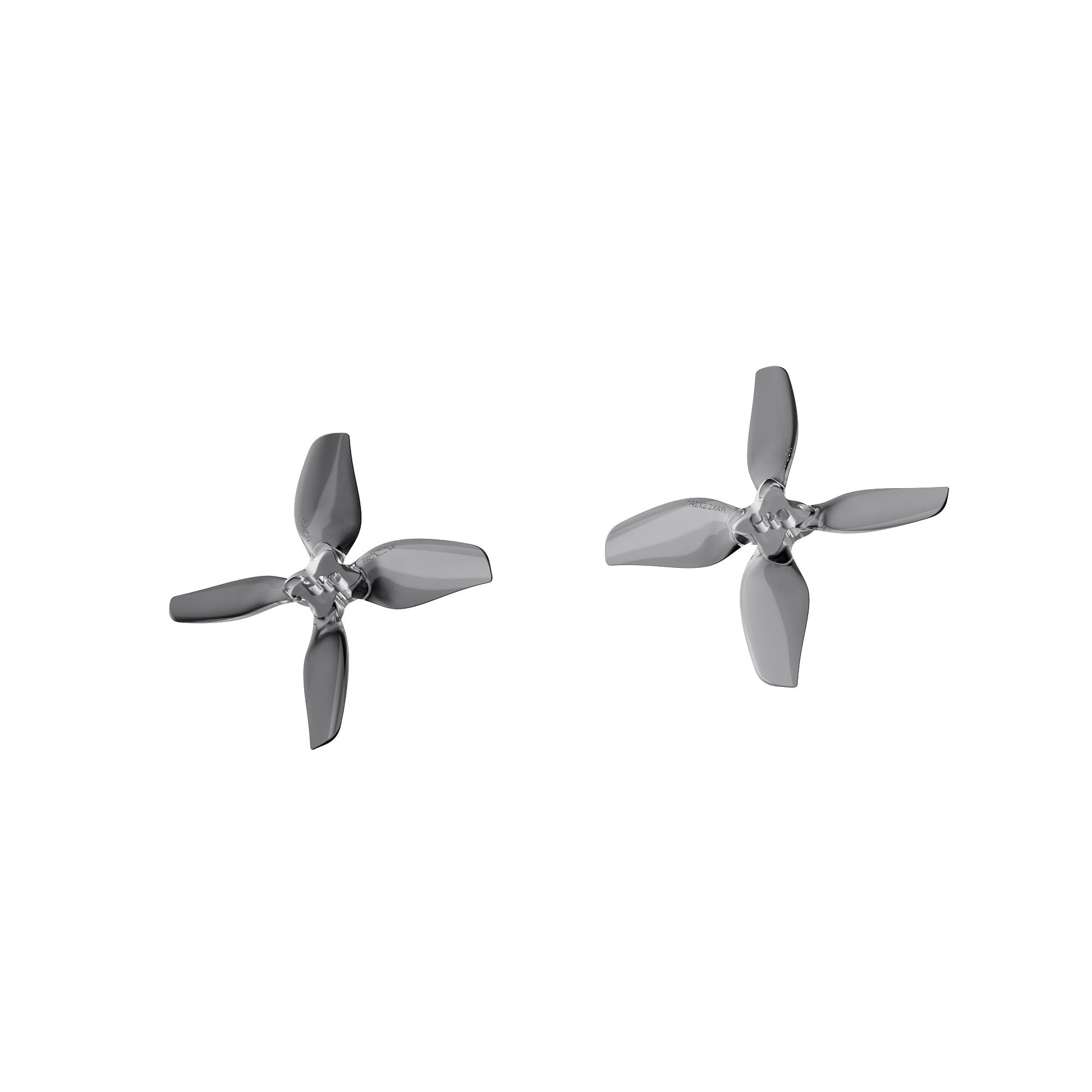 Two gray 4-blade drone propellers, angled view showing hub and blade profile