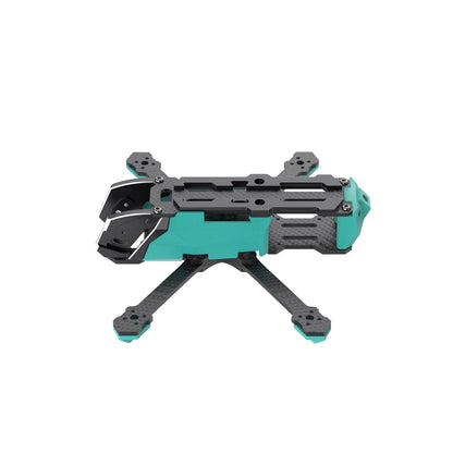 Side profile of Oasisfly30 O3 sub250 drone frame with top plate, carbon arms, and teal side panels