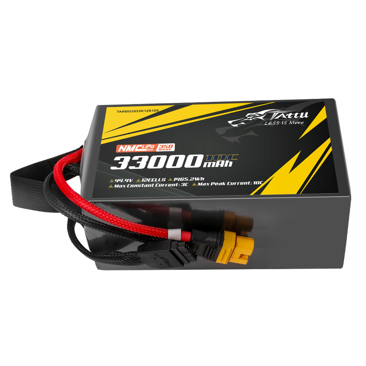 Tattu 12S1P battery pack specifications: 33000mAh capacity, 44.4V voltage, 10C rate, 350Wh/kg energy density and AS150U-F plug.