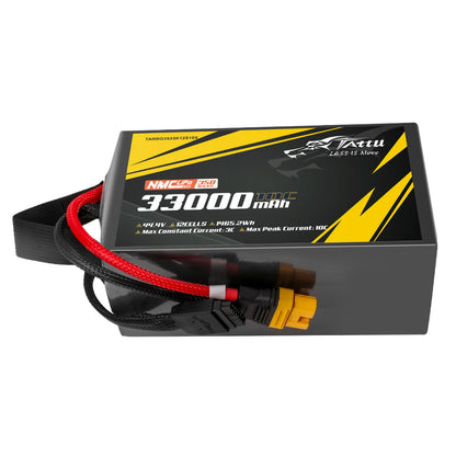 Tattu 12S1P battery pack specifications: 33000mAh capacity, 44.4V voltage, 10C rate, 350Wh/kg energy density and AS150U-F plug.