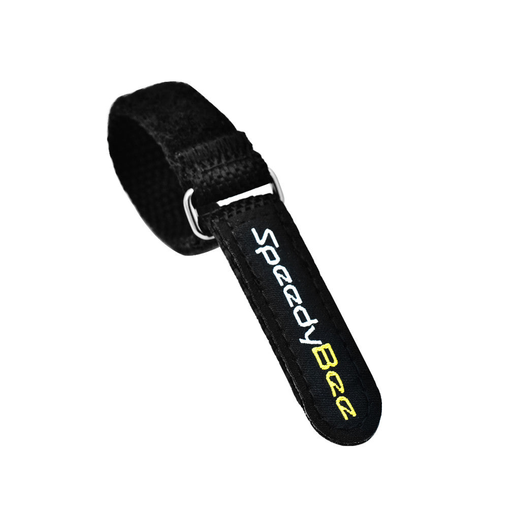 Black SpeedyBee tie down strap with metal buckle and embroidered SpeedyBee logo