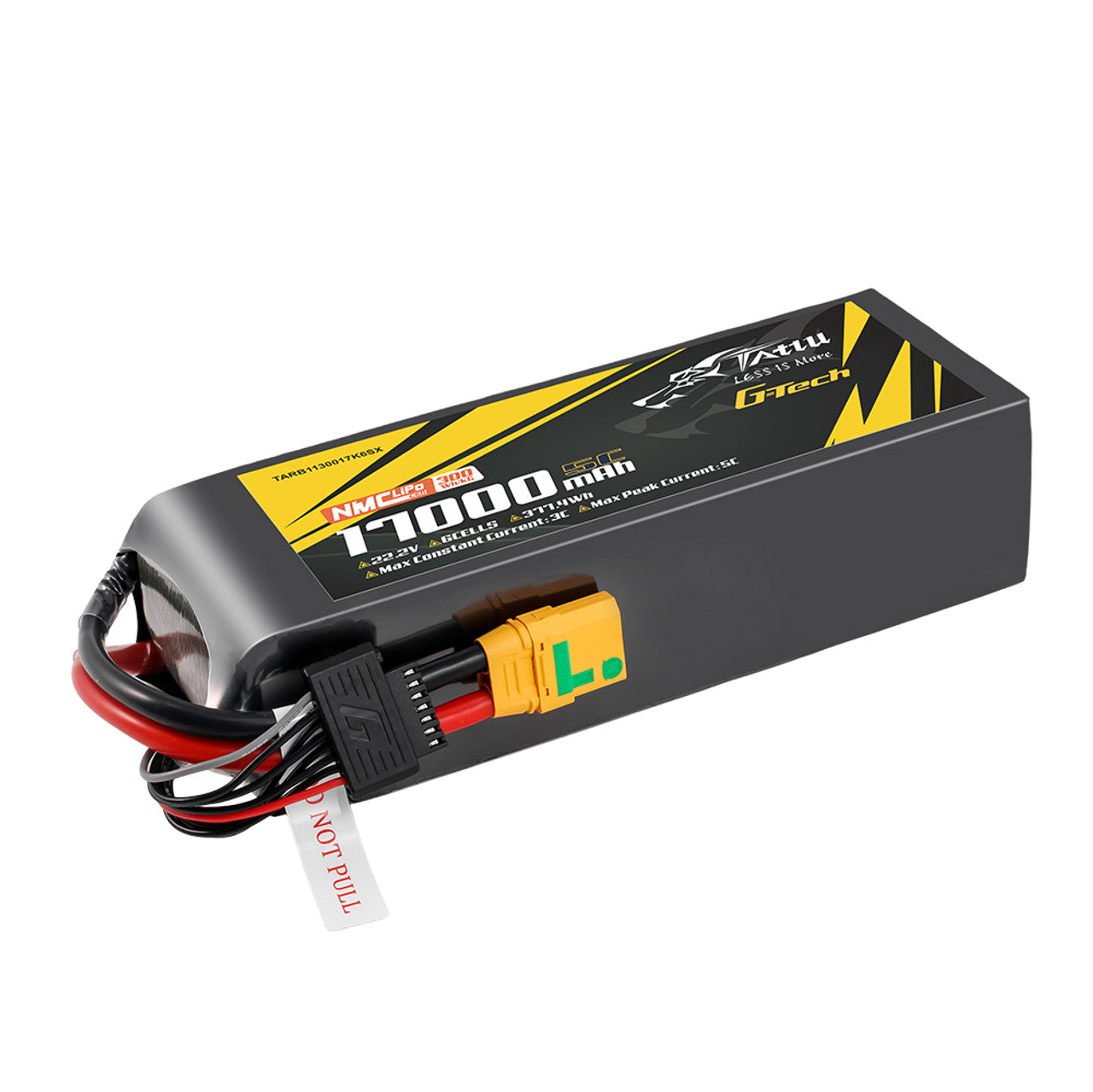 Tattu G-Tech 17000mAh 6S1P LiPo battery with 22.2V, 5C rating, XT90-S connector, 300Wh/kg energy density, NMC LP2 chemistry, max 3C continuous and 5C peak discharge current.