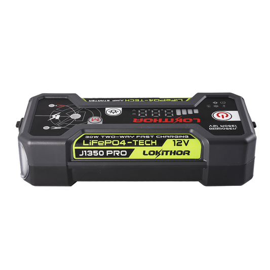 Lokithor J1350 PRO 12V LiFePO4 jump starter with top display panel and 30W two-way fast charging label