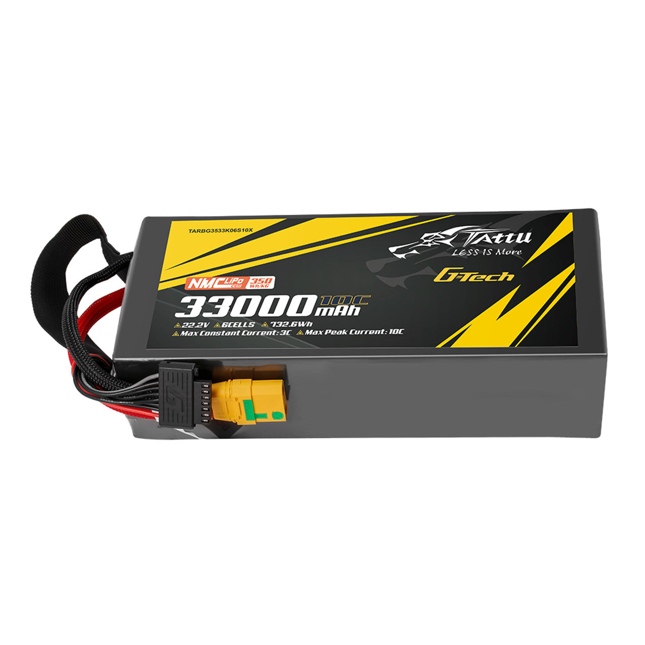 Tattu G-Tech 6S1P 33000mAh 22.2V 10C LiPo battery, 350Wh/kg energy density, 132.6Wh capacity, 3C continuous/10C peak discharge, XT90-S connector, NMC chemistry, model TARBG3533K06S10X.