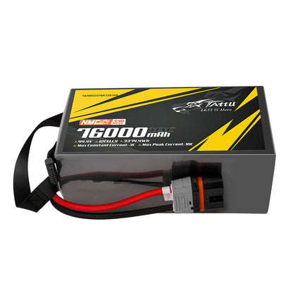 Tattu 76000mAh 12S LiPo battery, 44.4V, 330Wh/kg, 10C peak, NMC cells, QS12-S plug, 3C max continuous discharge, ideal for industrial drones.