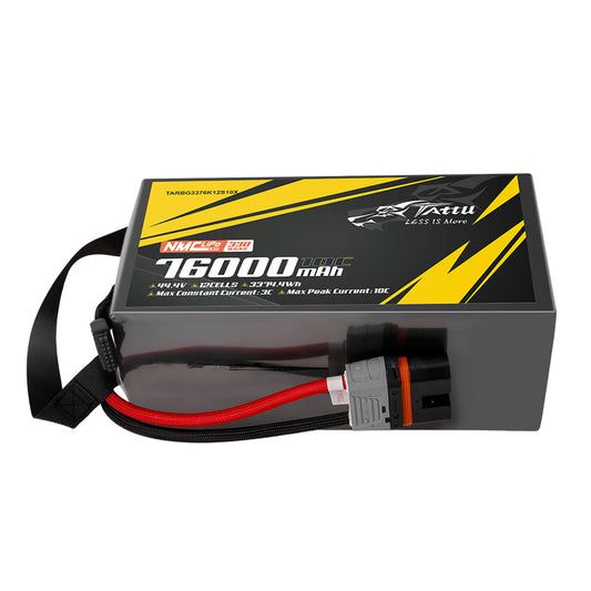 Tattu 76000mAh 12S LiPo battery, 44.4V, 330Wh/kg, 10C peak, NMC cells, QS12-S plug, 3C max continuous discharge, ideal for industrial drones.