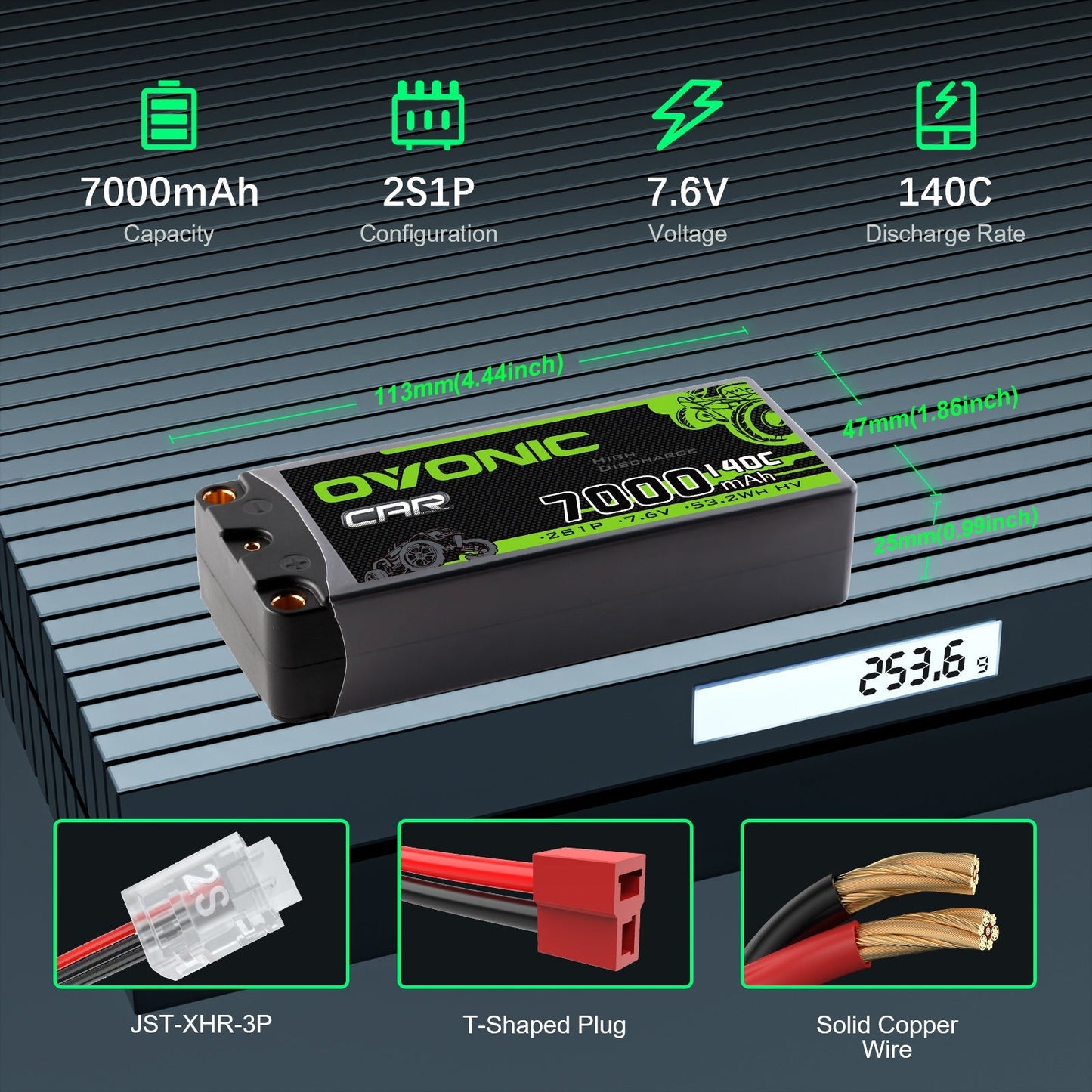 Ovonic 2S 7000mAh hardcase LiHV battery specs graphic: 2S1P, 7.6V, 140C, dimensions and weight