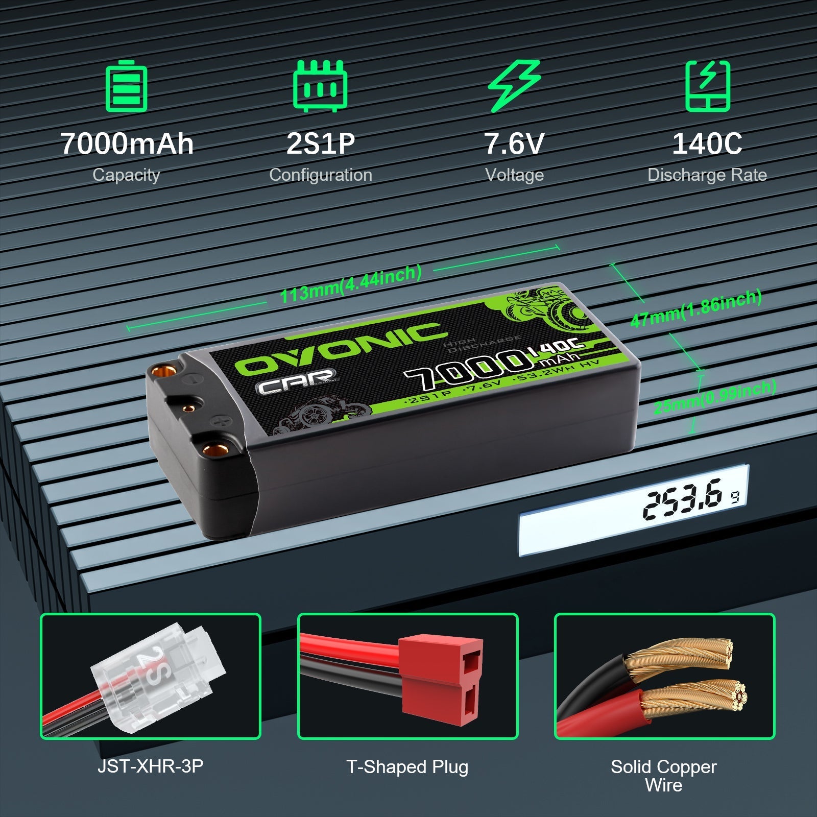 Ovonic 2S 7000mAh hardcase LiHV battery specs graphic: 2S1P, 7.6V, 140C, dimensions and weight