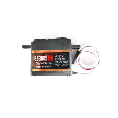 Emax ES3005HV servo side view with label showing 6.0–8.4V rating and torque/speed specs