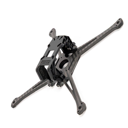 Angled top view of carbon fiber drone frame showing Rekon camera cage and arm cutouts