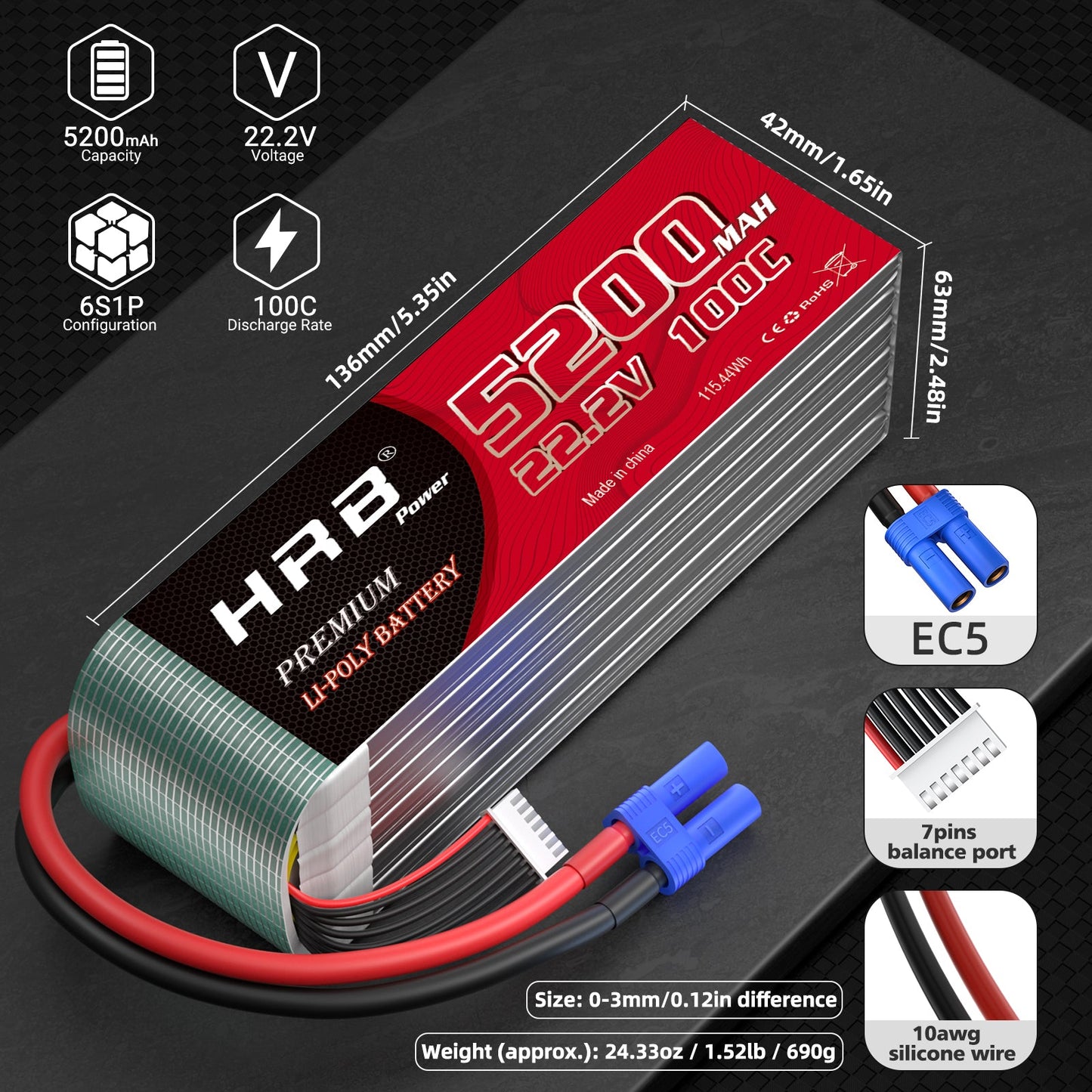 HRB 6S 22.2V 5200mAh 100C LiPo battery with EC5 plug, size and weight diagram with balance lead