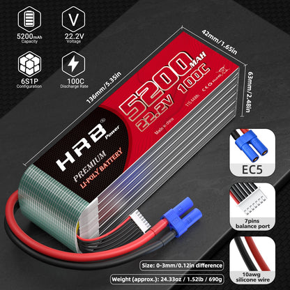 HRB 6S 22.2V 5200mAh 100C LiPo battery with EC5 plug, size and weight diagram with balance lead