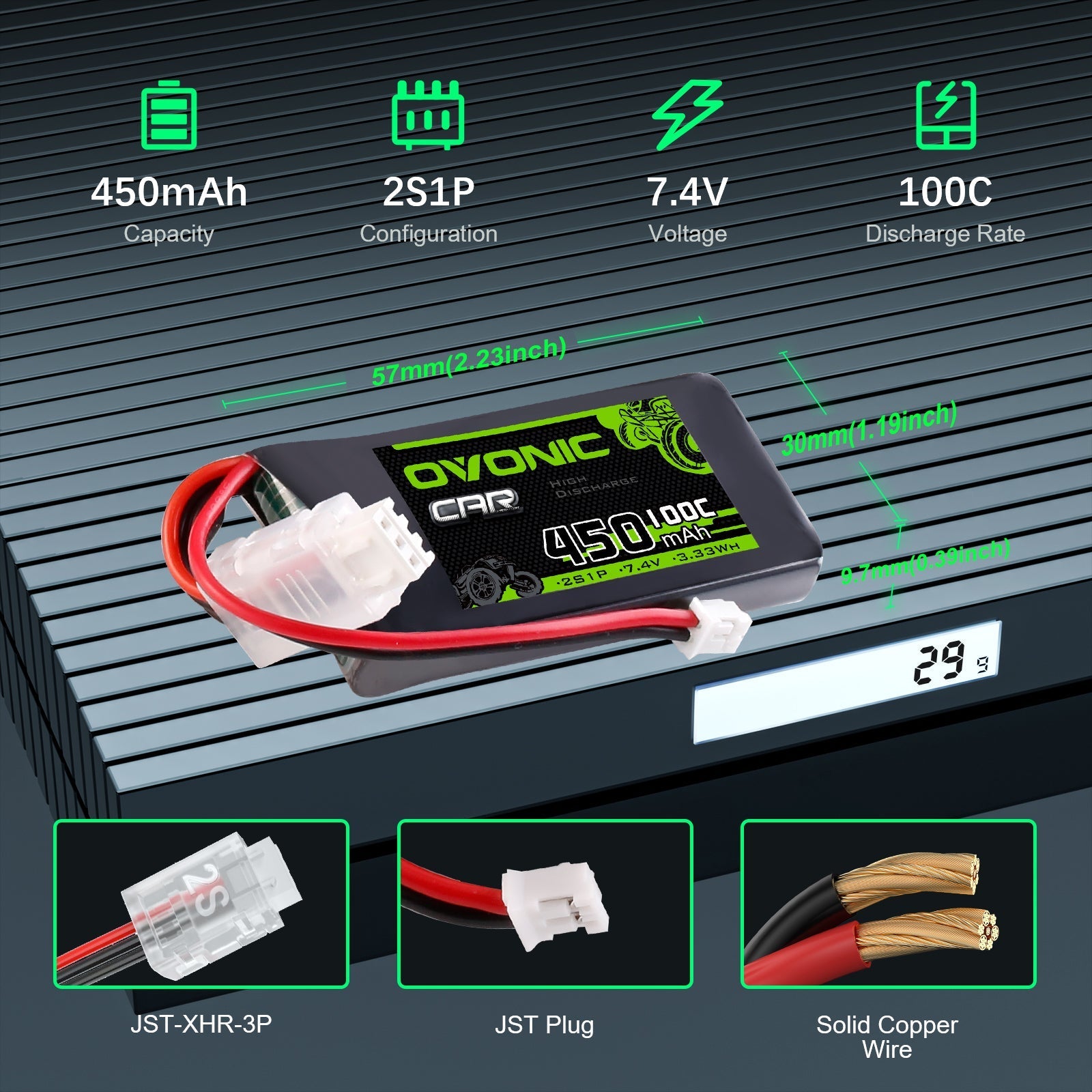 Ovonic 2S 450mAh 7.4V 100C LiPo battery size and connector infographic with dimensions and 29g weight