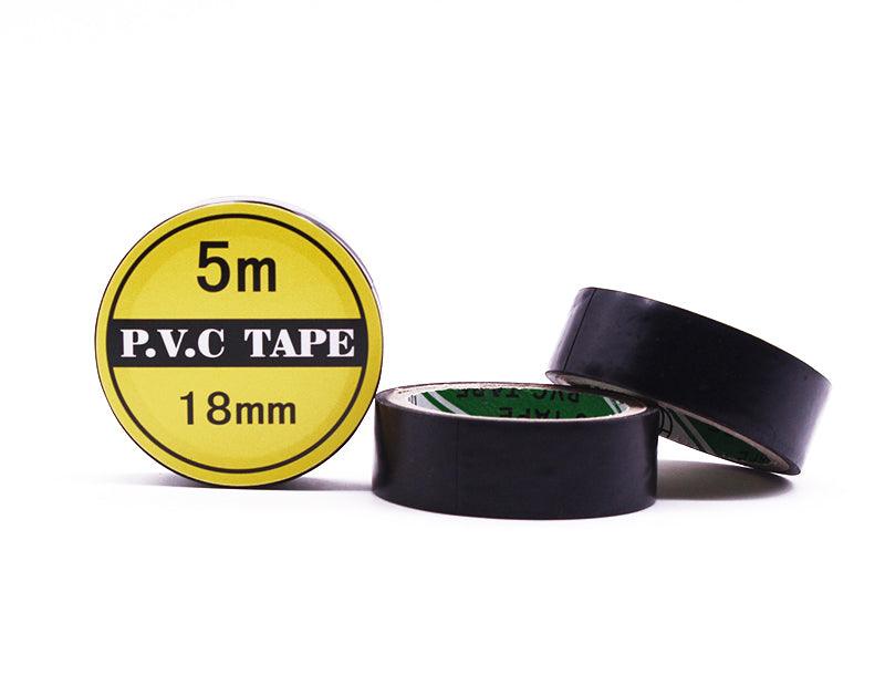 Two black PVC tape rolls with yellow size label showing 5m length and 18mm width