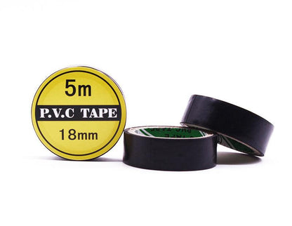 Two black PVC tape rolls with yellow size label showing 5m length and 18mm width