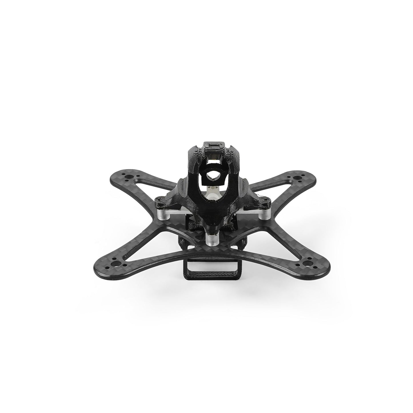 Nanofly20 2S micro quad frame with battery holder, front view showing camera mount opening