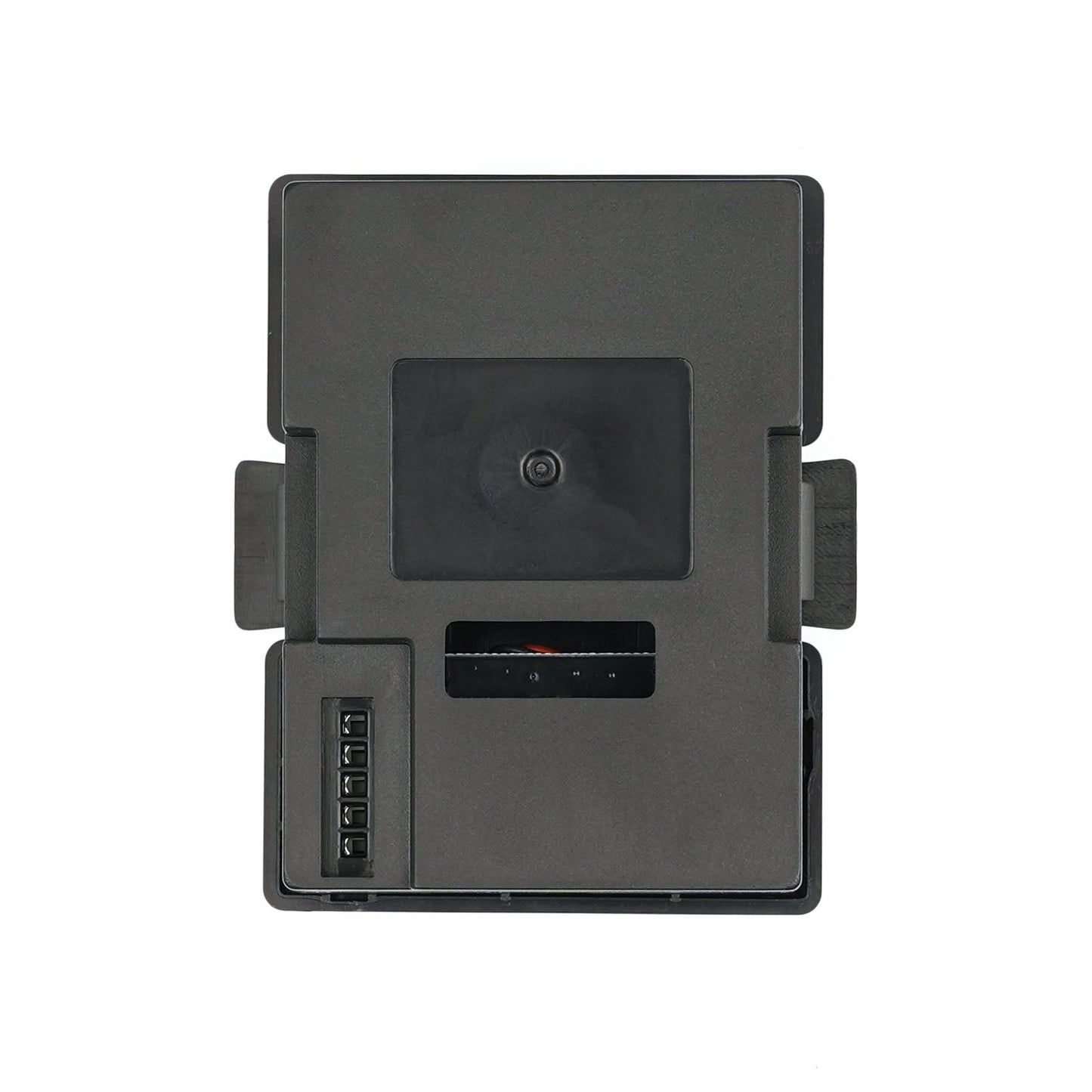 Bottom view of adapter case showing side latches and internal connector opening