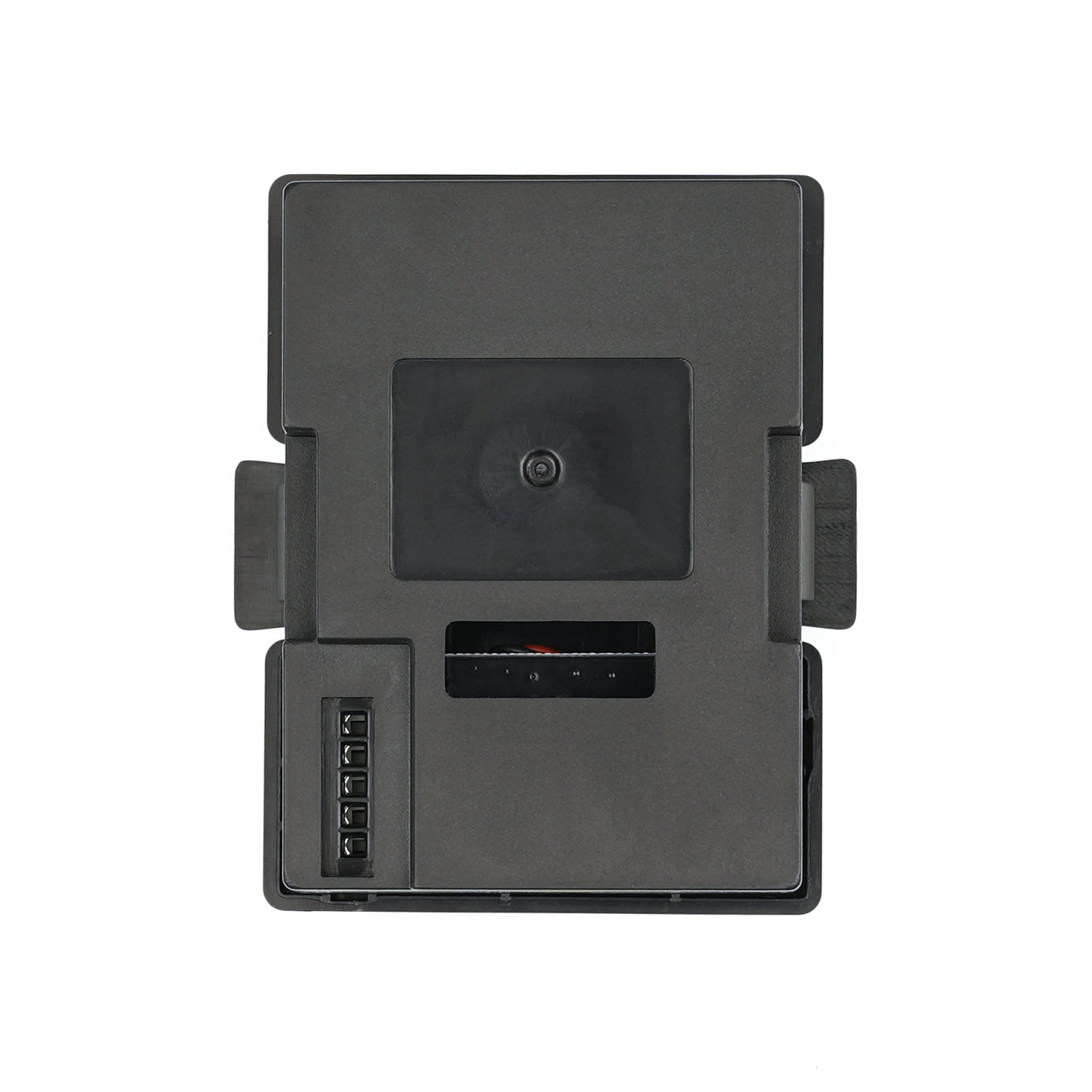 Bottom view of adapter case showing side latches and internal connector opening