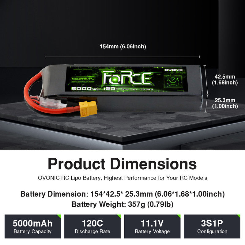 Ovonic Force 3S 5000mAh 120C 11.1V LiPo battery dimensions chart (154×42.5×25.3mm) and 357g weight