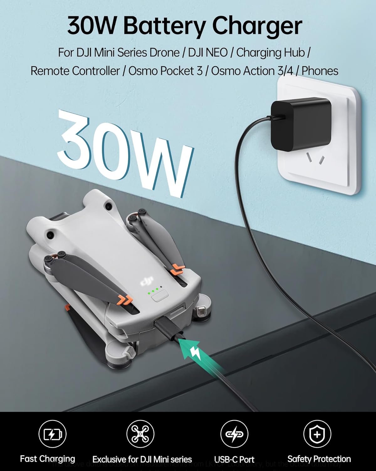 LKTOP 30W USB-C Fast Charger, 30W USB-C charger for DJI devices and phones; offers fast charging, safety protection, and exclusive compatibility with green power indicator.
